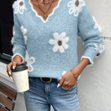 Amandine | Pull en maille à motif fleuri et col V