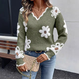 Amandine | Pull en maille à motif fleuri et col V