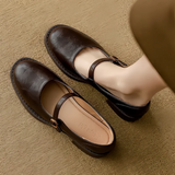Mary Janes en Cuir à Talon Bas Marron