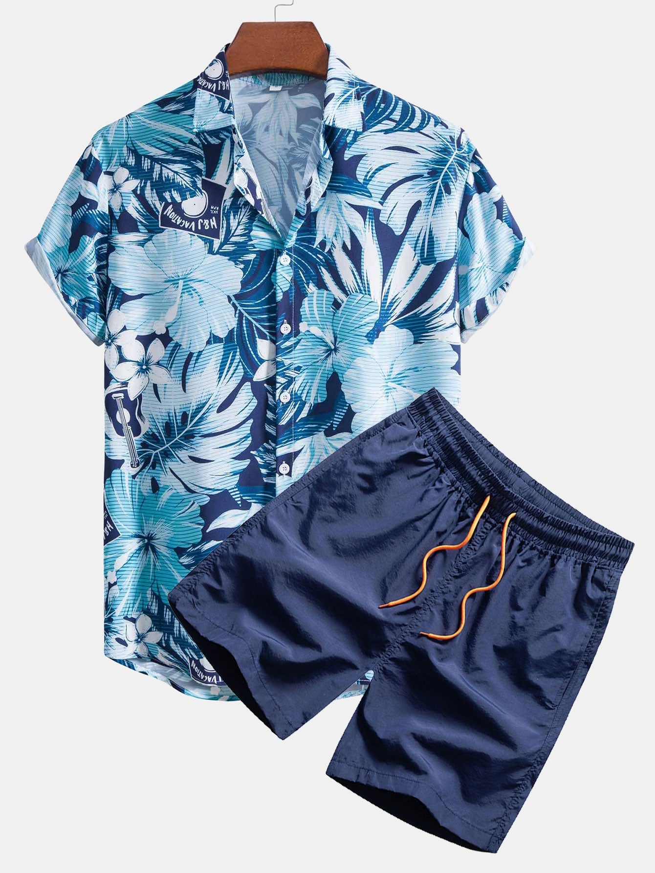 Ensemble — chemise à imprimé tropical et instruments de musique & short de bain