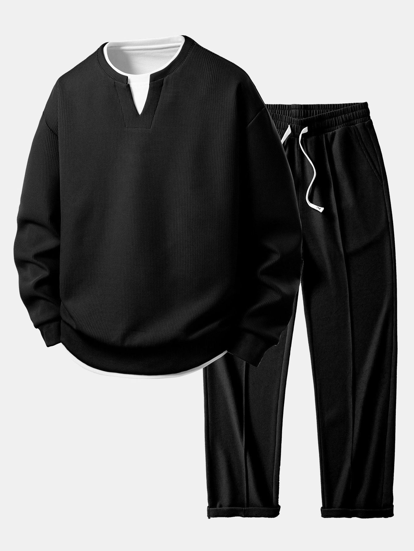 Ensemble — sweat gaufré 2 en 1 à col cranté & pantalon gaufré à plis