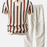 Ensemble — polo en maille rayée à col Johnny & pantalon en lin à jambe droite