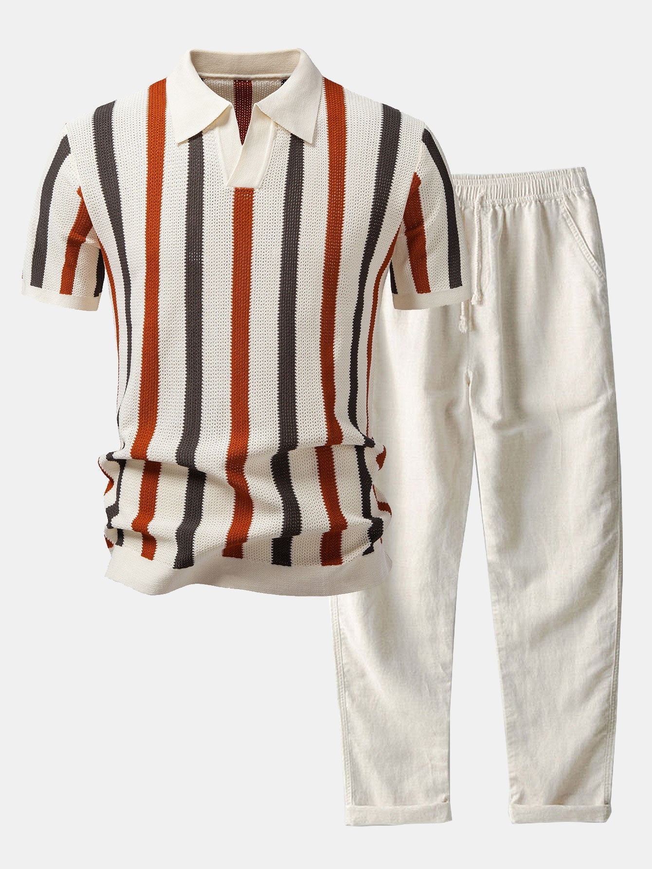 Ensemble — polo en maille rayée à col Johnny & pantalon en lin à jambe droite