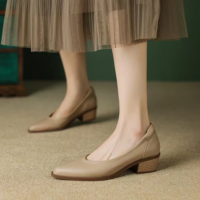 Ballerines en Cuir à Talon Bas - Beige