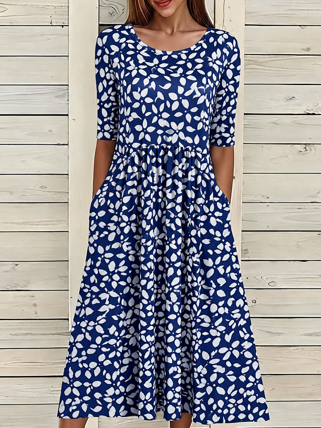 Romane | Robe décontractée à motif fleuri Bleu foncé, photo studio