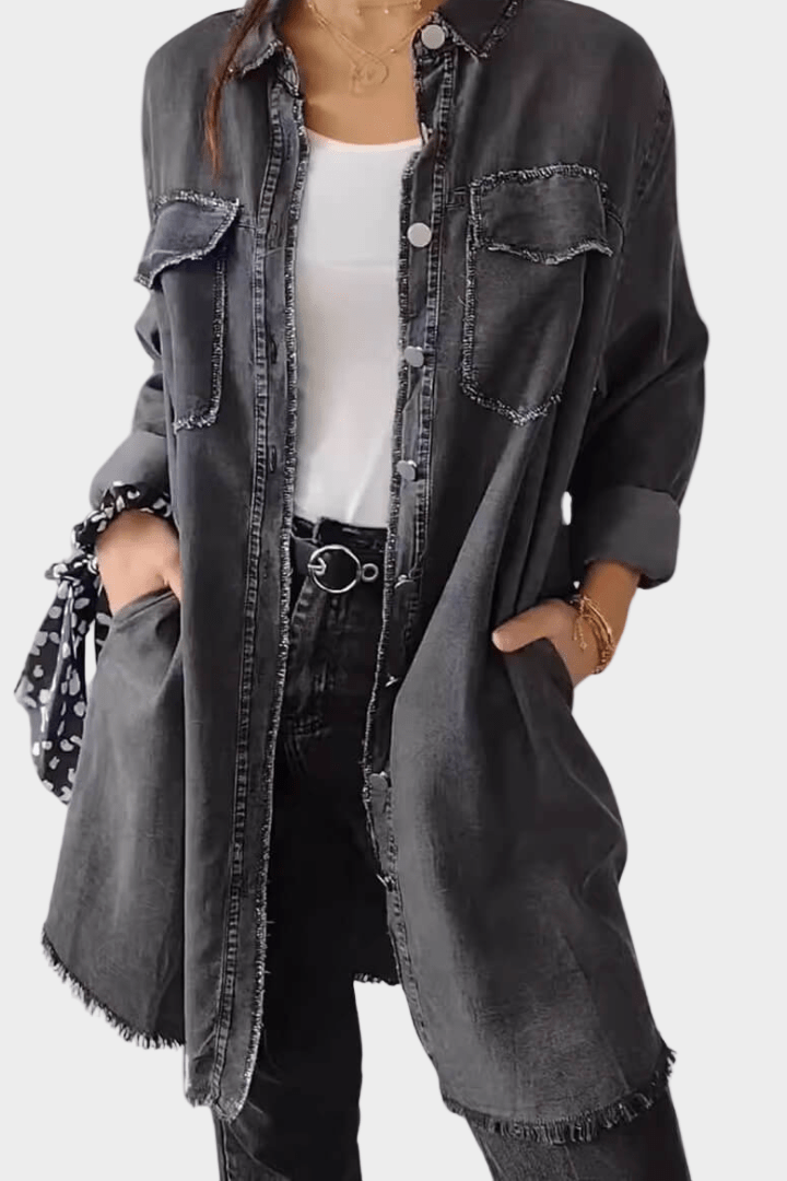 Robe Chemise en Jean Manches Longues Boutonnée - Gris foncé