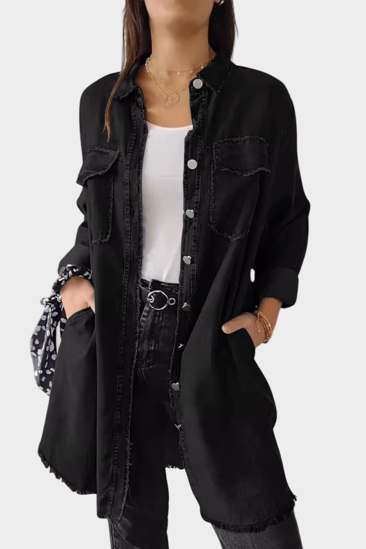 Robe Chemise en Jean Manches Longues Boutonnée - Noir