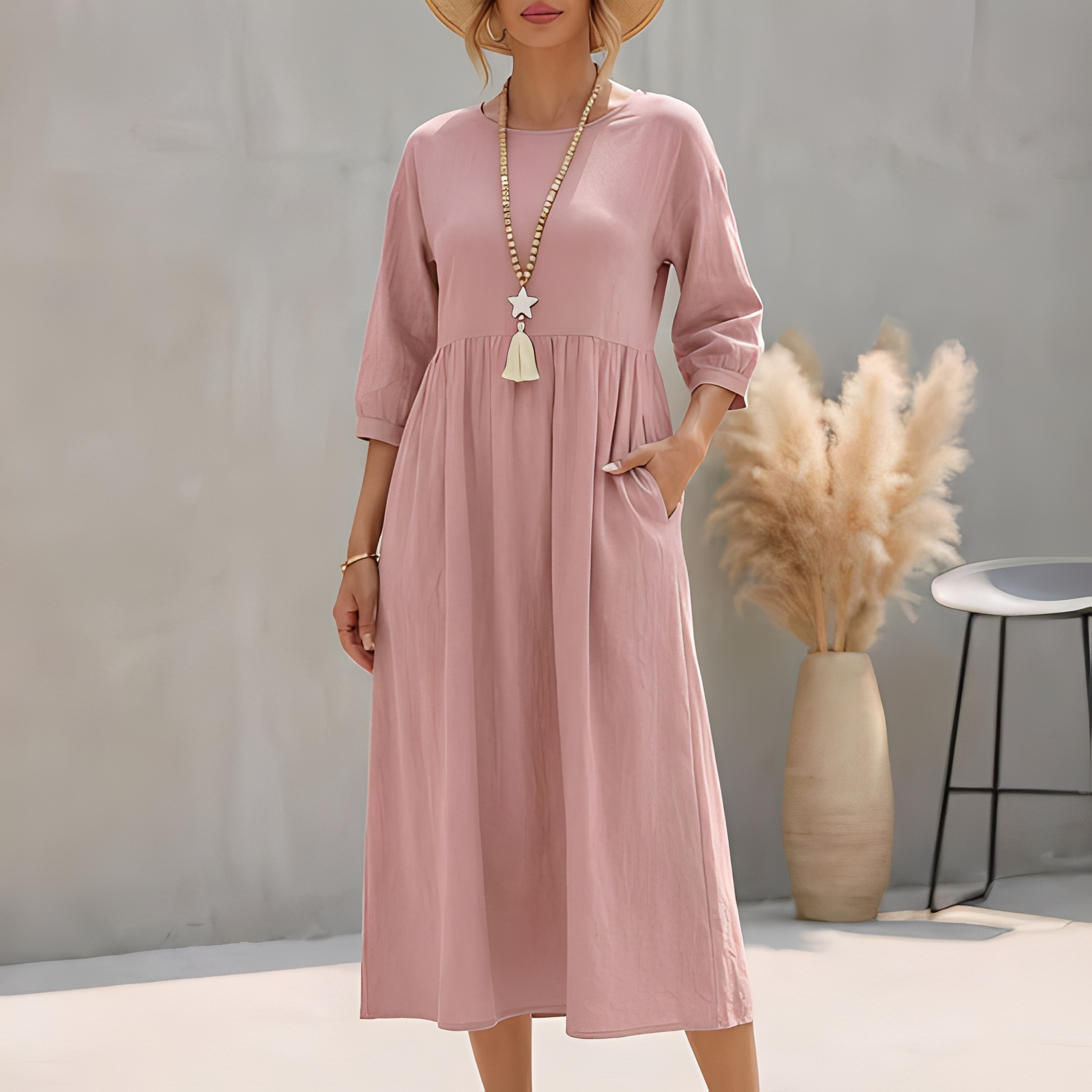 Fanny | Robe midi d'été fluide Rose, photo studio