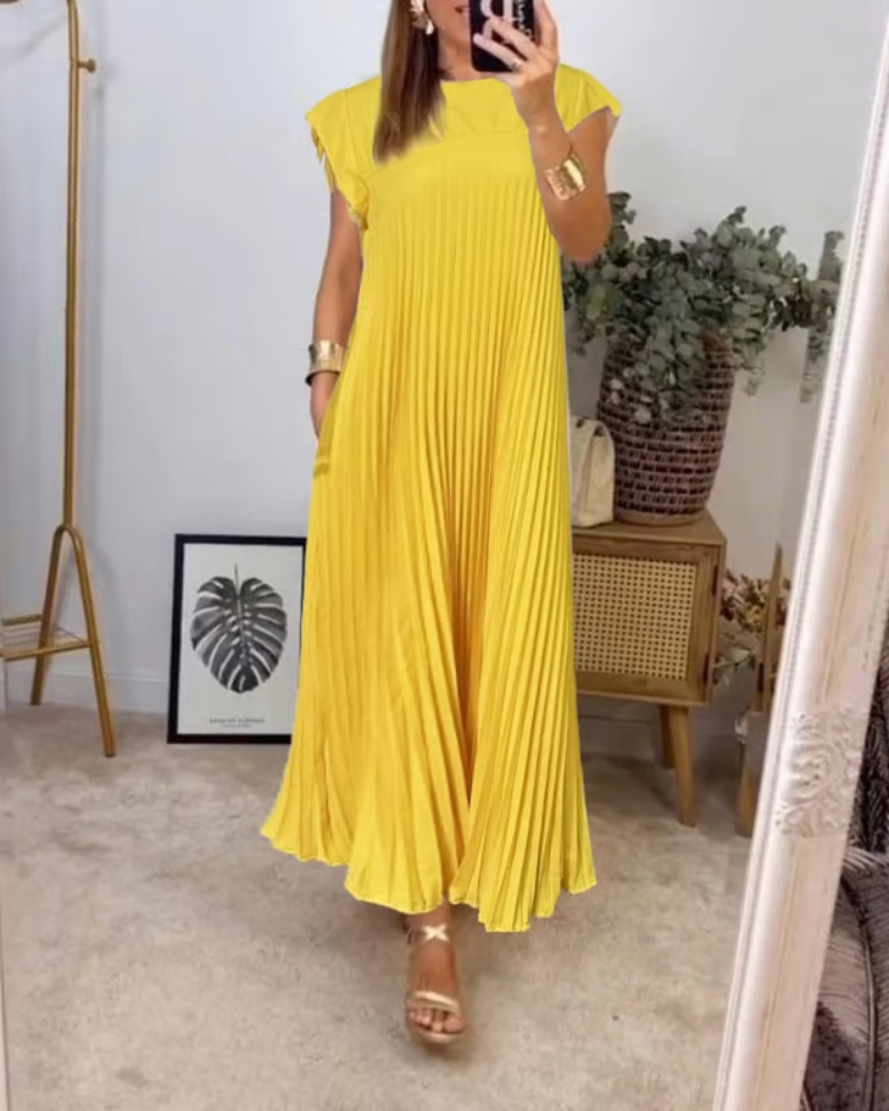 Agnès | Robe plissée évasée d'une élégance naturelle Jaune, photo studio