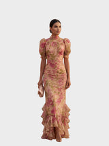 Chantal | Robe longue fleurie à col montant et volants