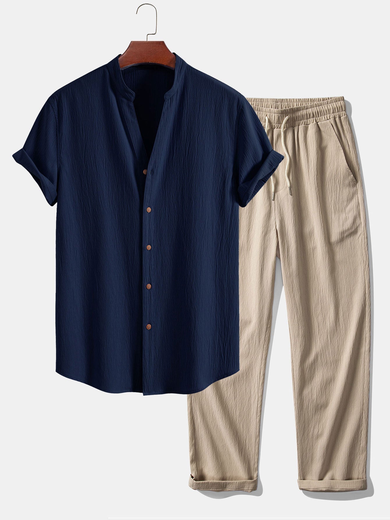 Ensemble — chemise texturée froissée à col V & pantalon texturé froissé