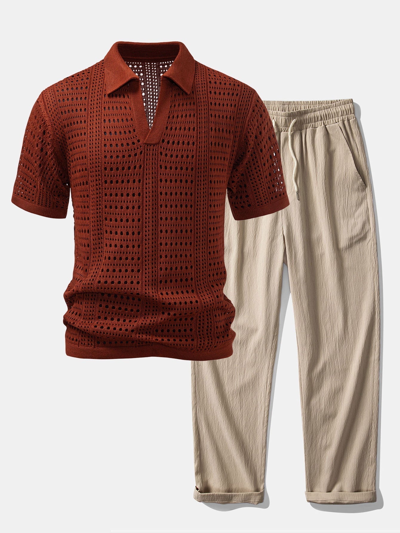 Ensemble — polo crocheté à col V & pantalon texturé froissé à jambe droite