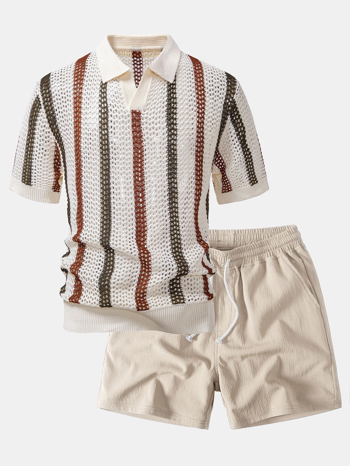 Ensemble — polo crocheté rayé à col V & short texturé froissé à cordon