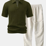Ensemble — polo crocheté à col V & pantalon en lin à jambe droite