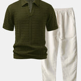 Ensemble — polo crocheté à col V & pantalon en lin à jambe droite