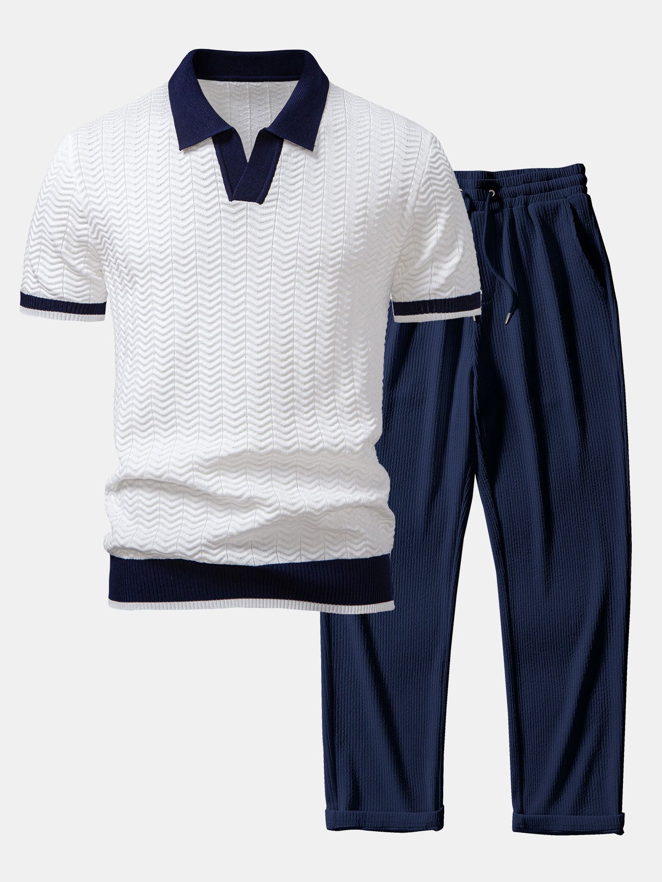 Ensemble — polo en maille texturée contrastante à col V & pantalon côtelé