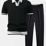 Ensemble — polo en maille texturée contrastante à col V & pantalon fuselé