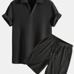 Ensemble — polo gaufré à col V & short gaufré en maille à cordon