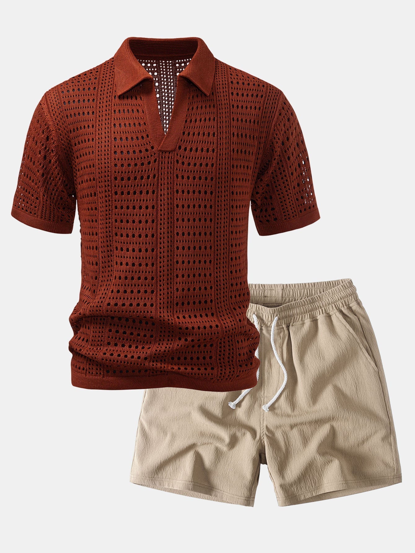 Ensemble — polo crocheté à col V & short texturé froissé à cordon