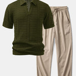 Ensemble — polo crocheté à col V & pantalon texturé froissé à jambe droite
