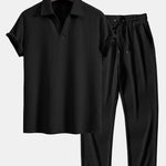 Ensemble — polo côtelé à col V et manches courtes & pantalon côtelé à jambe droite