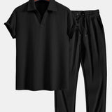Ensemble — polo côtelé à col V et manches courtes & pantalon côtelé à jambe droite