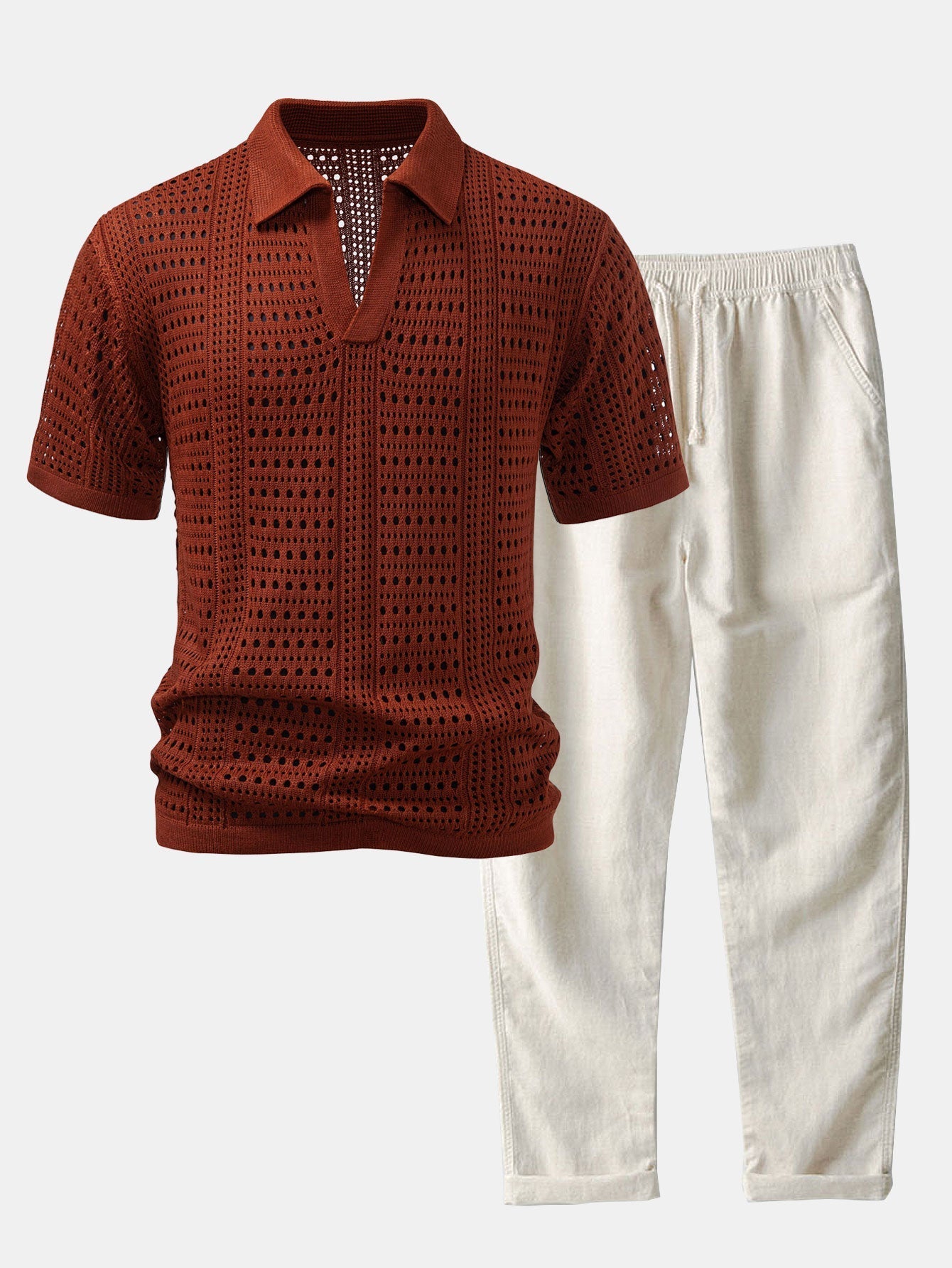 Ensemble — polo crocheté à col V & pantalon en lin à jambe droite