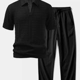 Ensemble — polo crocheté à col V & pantalon texturé froissé à jambe droite