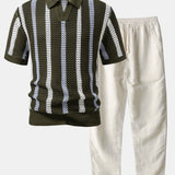 Ensemble — polo crocheté rayé à col V & pantalon en lin à jambe droite