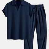 Ensemble — polo côtelé à col V et manches courtes & pantalon côtelé à jambe droite