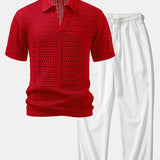 Ensemble — polo crocheté à col V & pantalon texturé froissé à jambe droite