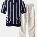 Ensemble — polo crocheté rayé à col V & pantalon en lin à jambe droite