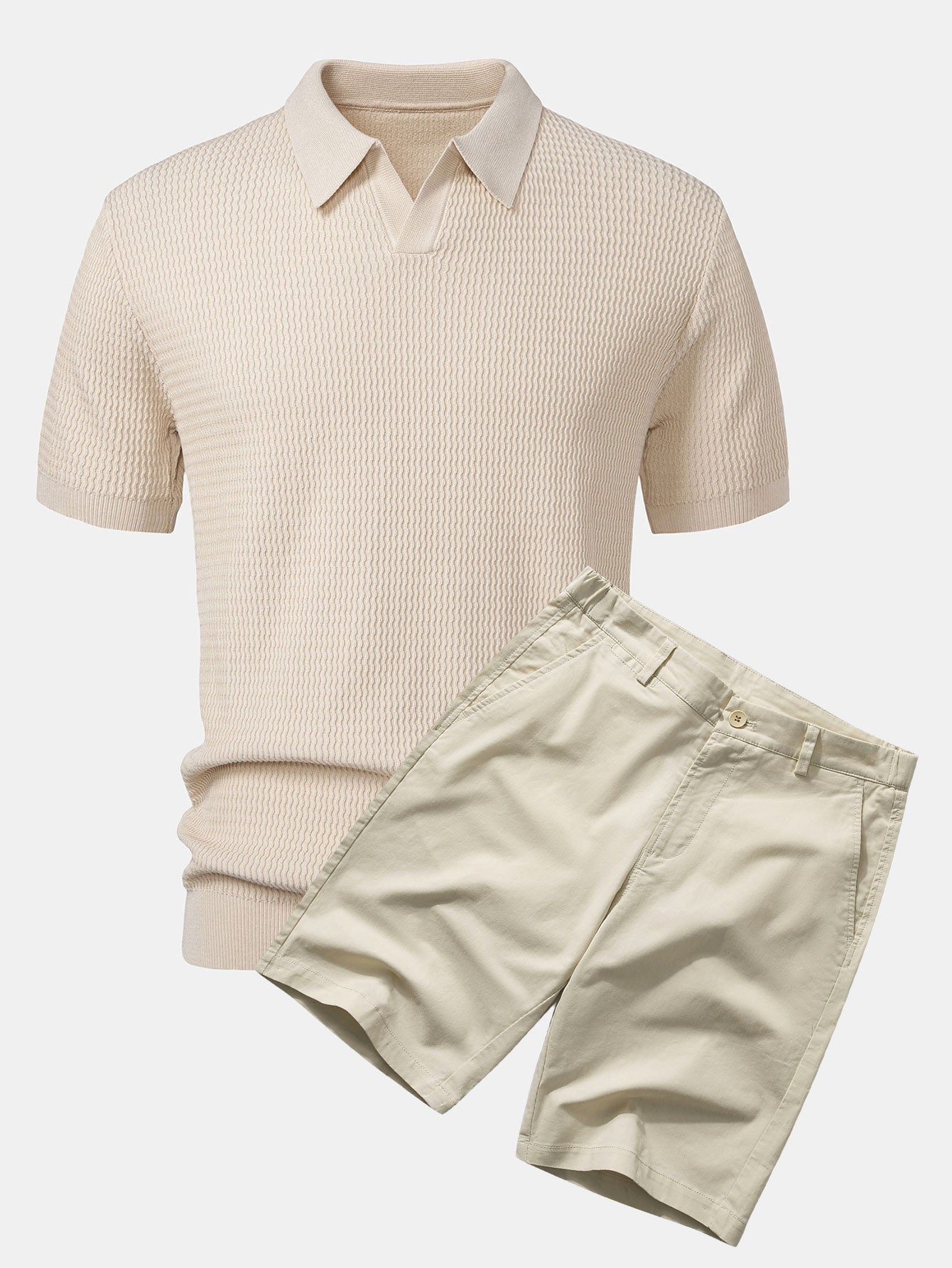 Ensemble — polo en maille jacquard à vagues et col V & short chino en coton