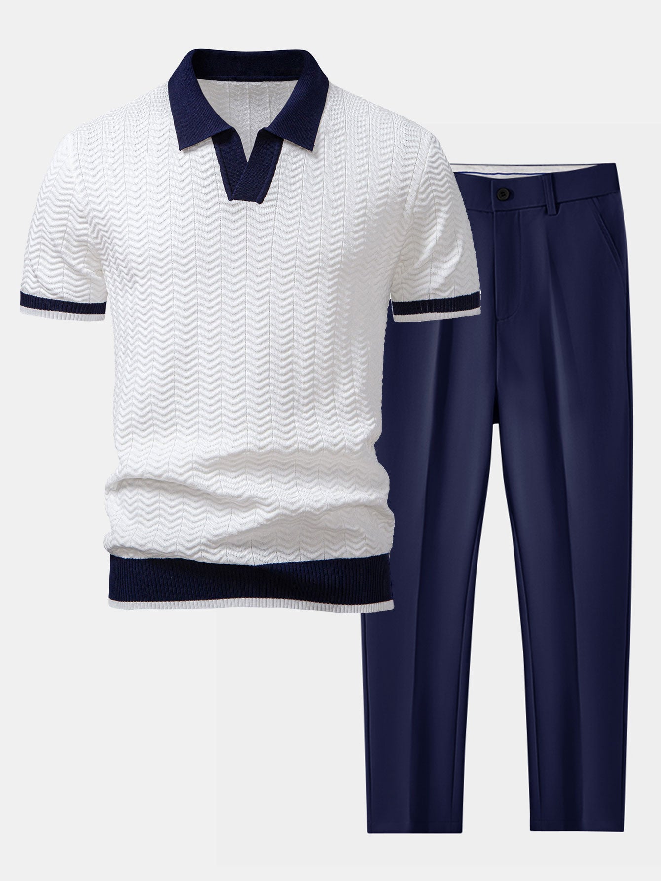 Ensemble — polo en maille texturée contrastante à col V & pantalon fuselé