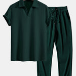 Ensemble — polo côtelé à col V et manches courtes & pantalon côtelé à jambe droite