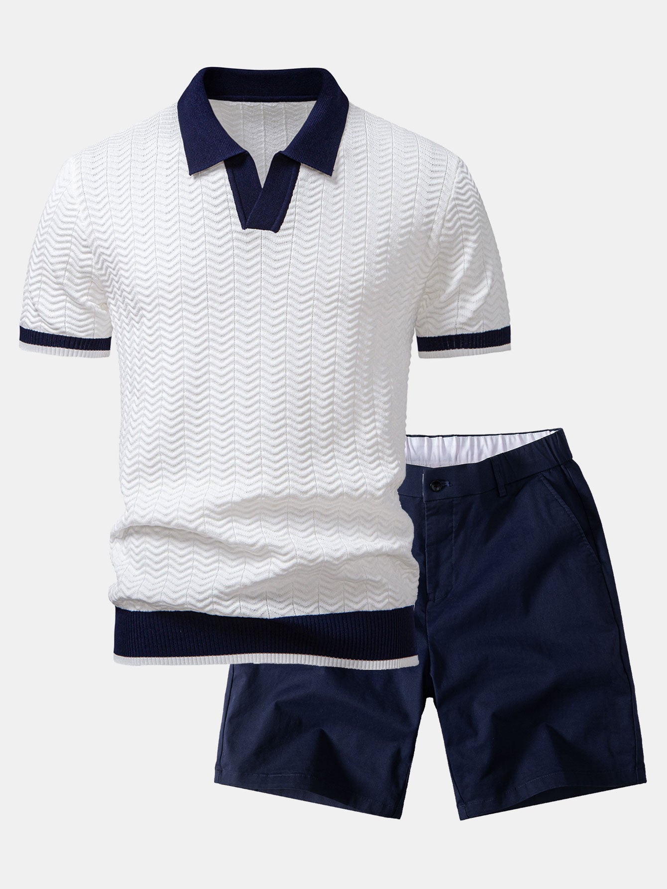 Ensemble — polo en maille texturée contrastante à col V & short chino