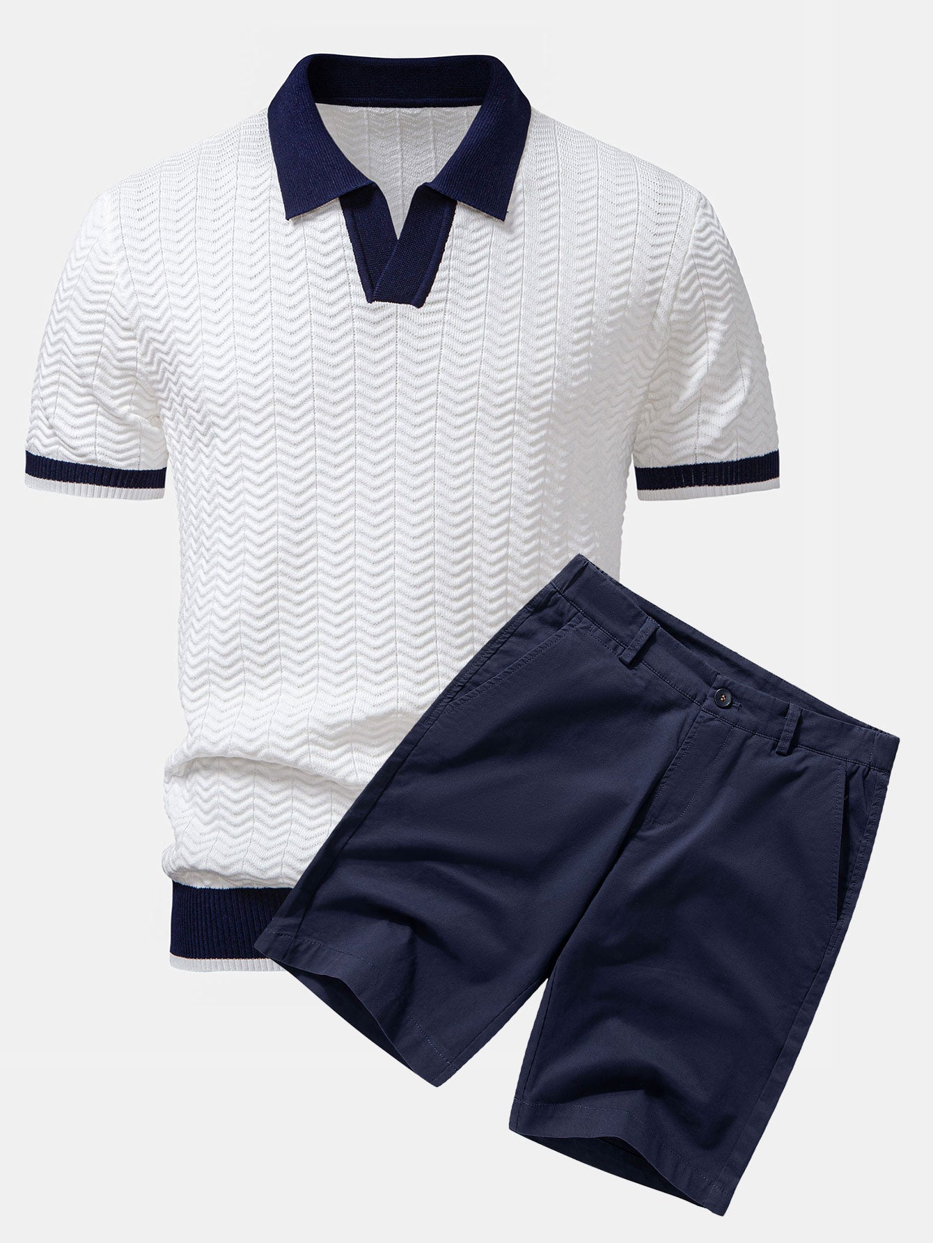 Ensemble — polo en maille texturée contrastante à col V & short chino en coton