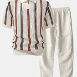 Ensemble — polo crocheté rayé à col V & pantalon en lin à jambe droite