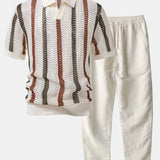 Ensemble — polo crocheté rayé à col V & pantalon en lin à jambe droite