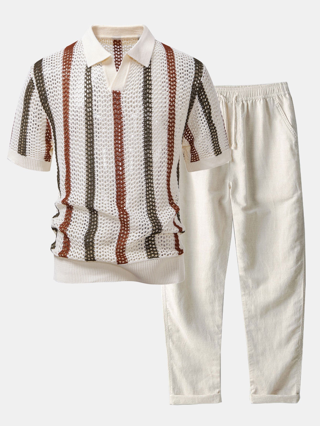 Ensemble — polo crocheté rayé à col V & pantalon en lin à jambe droite