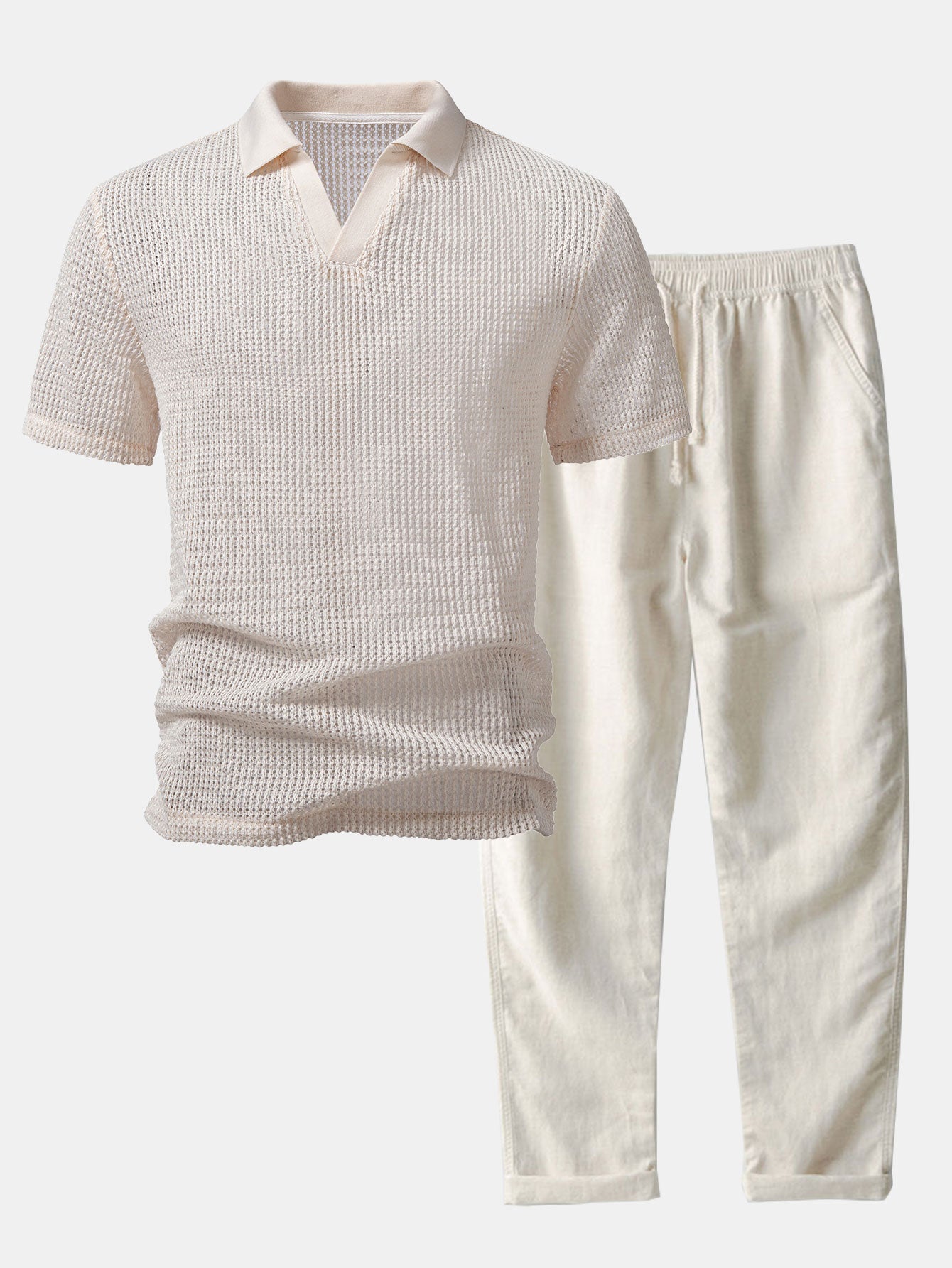 Ensemble — polo crocheté à col V coupe décontractée & pantalon en lin à jambe droite