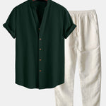 Ensemble — chemise texturée froissée à col V & pantalon en lin à jambe droite