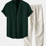 Ensemble — chemise texturée froissée à col V & pantalon en lin à jambe droite