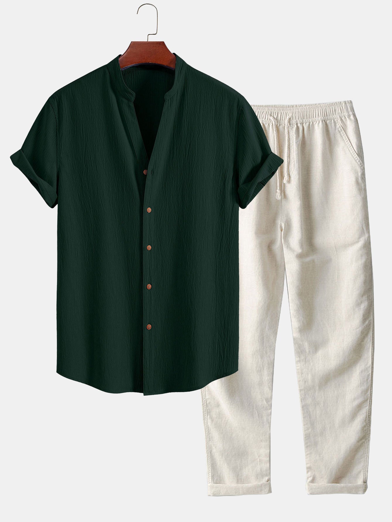 Ensemble — chemise texturée froissée à col V & pantalon en lin à jambe droite