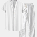 Ensemble — chemise texturée froissée à col V & pantalon en lin à jambe droite