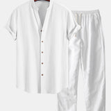 Ensemble — chemise texturée froissée à col V & pantalon en lin à jambe droite