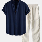 Ensemble — chemise texturée froissée à col V & pantalon en lin à jambe droite