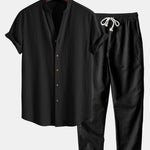 Ensemble — chemise texturée froissée à col V & pantalon en lin à jambe droite