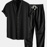 Ensemble — chemise texturée froissée à col V & pantalon en lin à jambe droite
