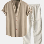 Ensemble — chemise texturée froissée à col V & pantalon en lin à jambe droite